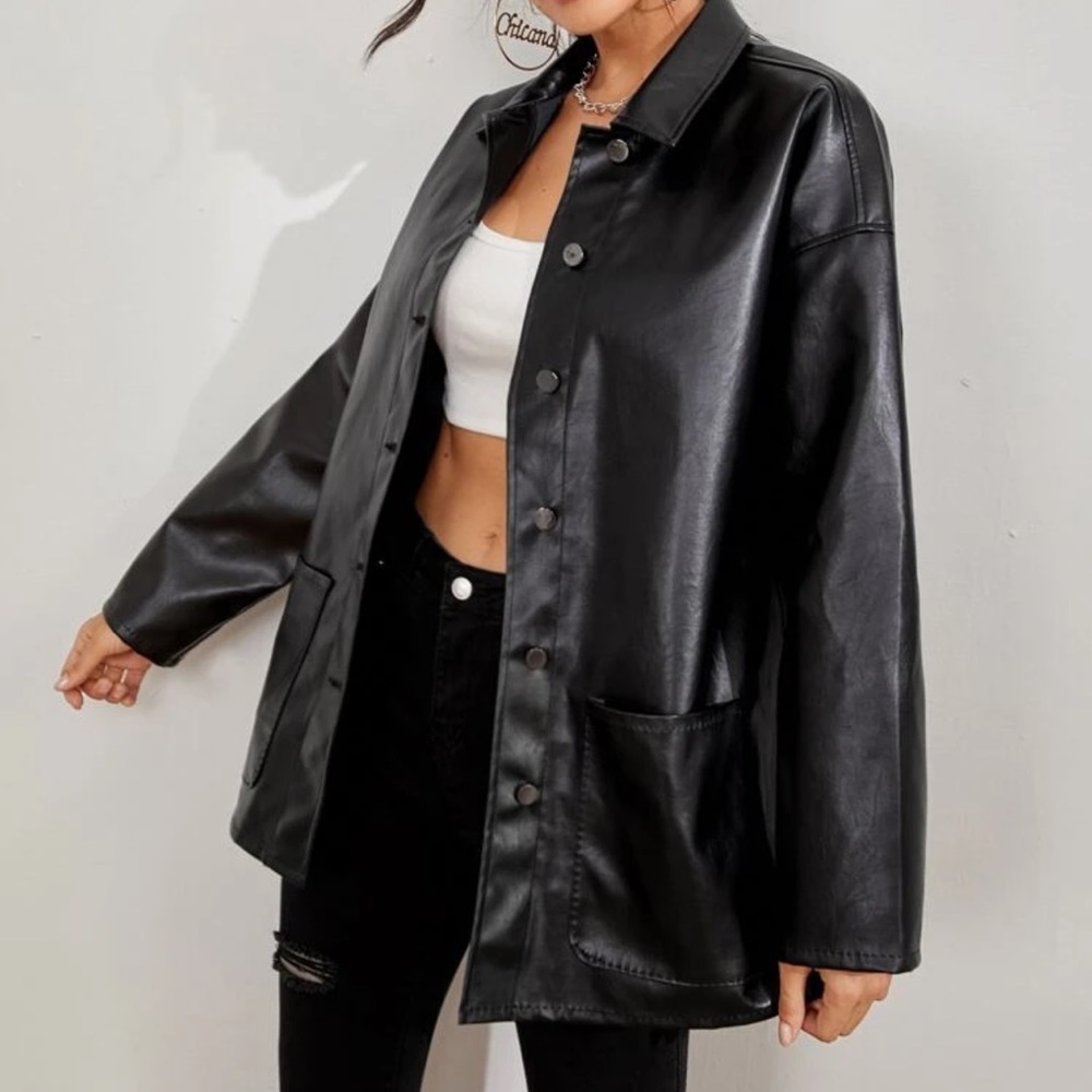 Black Button up trucker jacket vegan leather